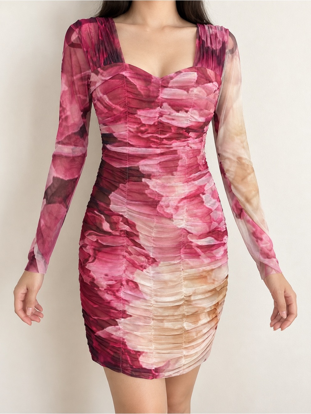 Ruched Pink Watercolor Sheer Sleeve Bodycon Dress